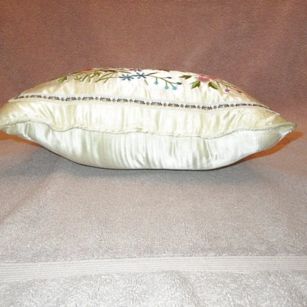 Vtg Floral Embroidered Satin Throw Pillow Cottagecore Boudoir Regency Old Money